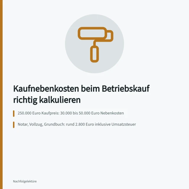 Kostenaufstellung zu Kaufnebenkosten bei Betriebsübergabe und Unternehmensnachfolge. 5 Kostenpunkte beim Betriebskauf: Kaufpreis, Notar, Steuern, Finanzierung, Betriebsmittel