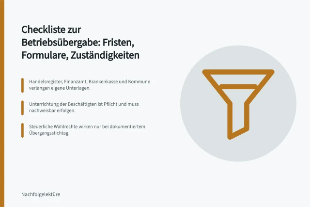 Checkliste zur Betriebsübergabe mit Fristen, Formularen und Zuständigkeiten. Checkliste zur Betriebsübergabe: Fristen, Formulare, Zuständigkeiten
