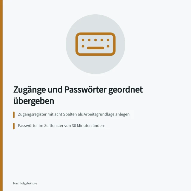 Karte: Zugangsregister, Passwortwechsel und Passwortmanager für geordnete Betriebsübergabe. Zugänge und Passwörter im Betrieb geordnet übergeben
